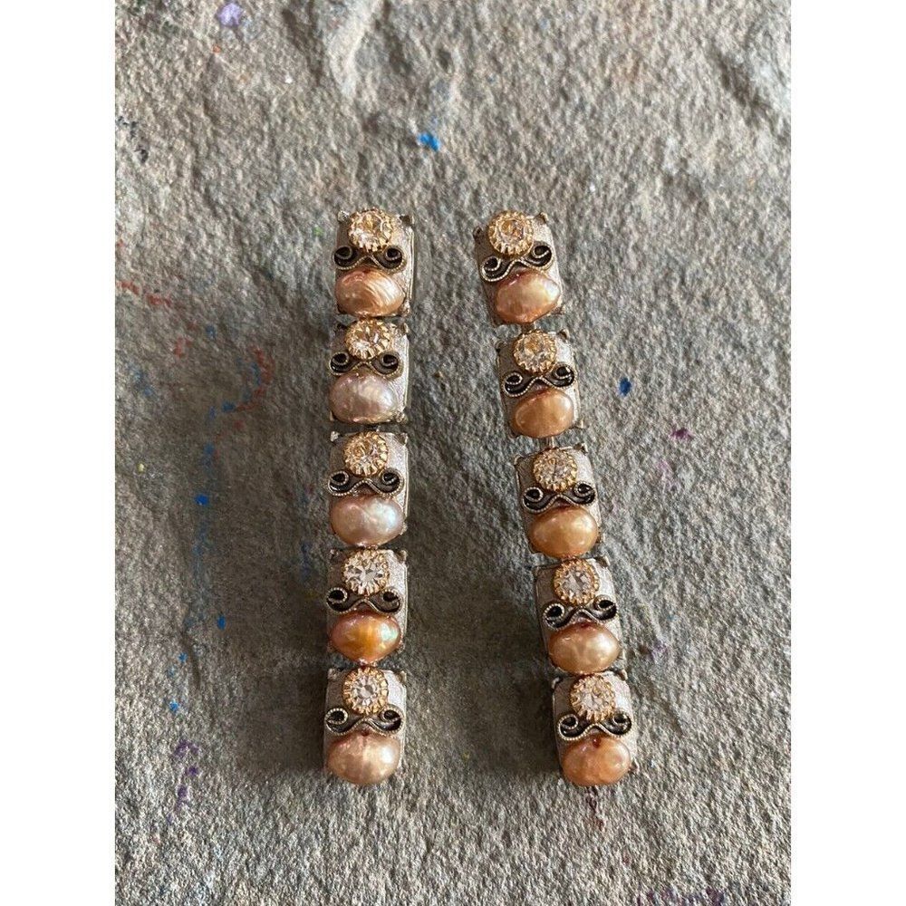 Michal Golan Earrings Rectangle Pearl Rhinestone Gold Tone Bronze Michael Ng